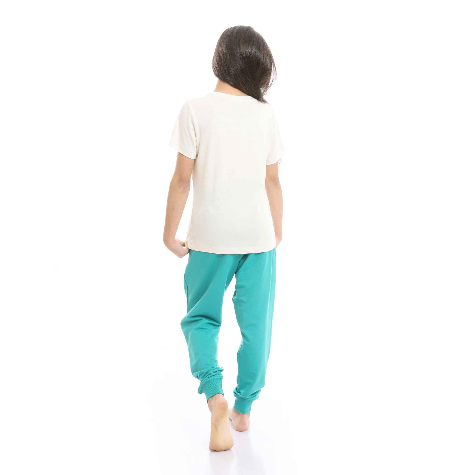 Girls Beige Printed Unicorn Cotton Tee & Tiffany Pants Pajama Set