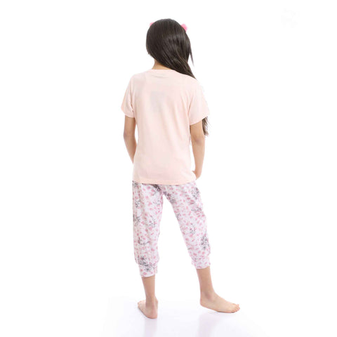 Girls Floral Butterfly Tee & Slip On Pantacourt Pajama Set - Light Coral & White