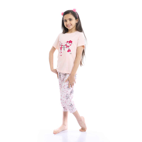 Girls Floral Butterfly Tee & Slip On Pantacourt Pajama Set - Light Coral & White