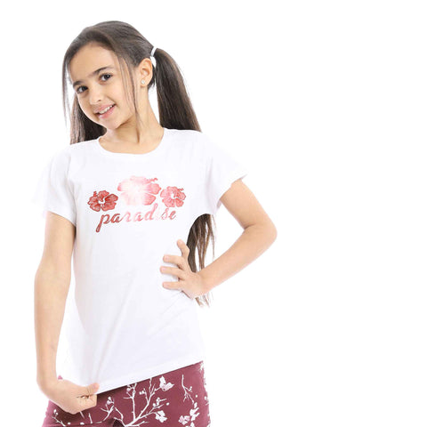 Girls Printed Paradise White Tee & Maroon Shorts Pajama Set