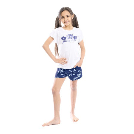 Girls Printed Paradise White Tee & Blue Shorts Pajama Set