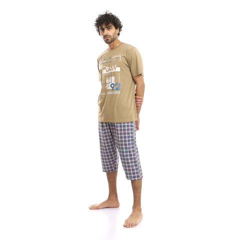 Printed Regular Tee & Tartan Pantacourt Pajama Set - Coffee & Red