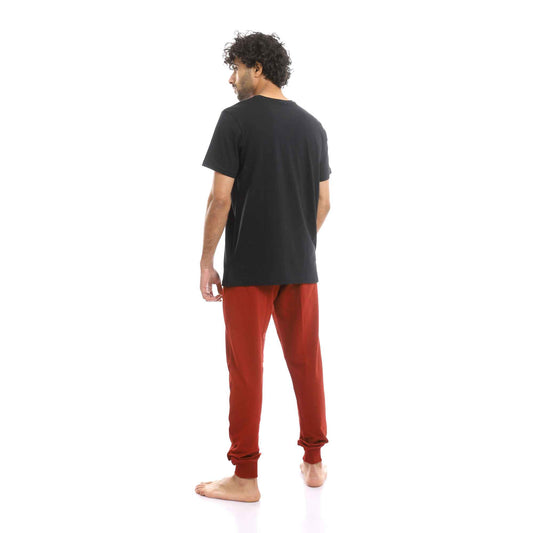 Printed Black Henley Shirt & Solid Burgundy Pants Pajama Set