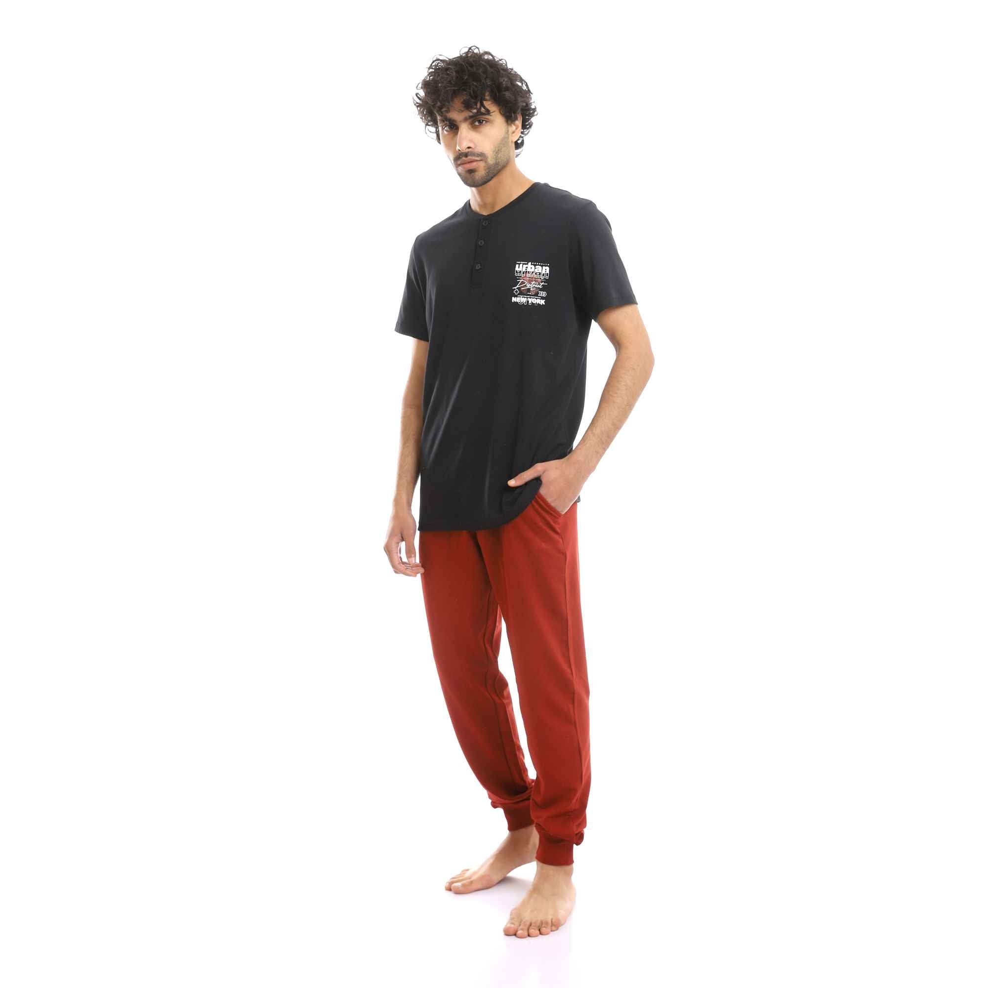 Printed Black Henley Shirt & Solid Burgundy Pants Pajama Set