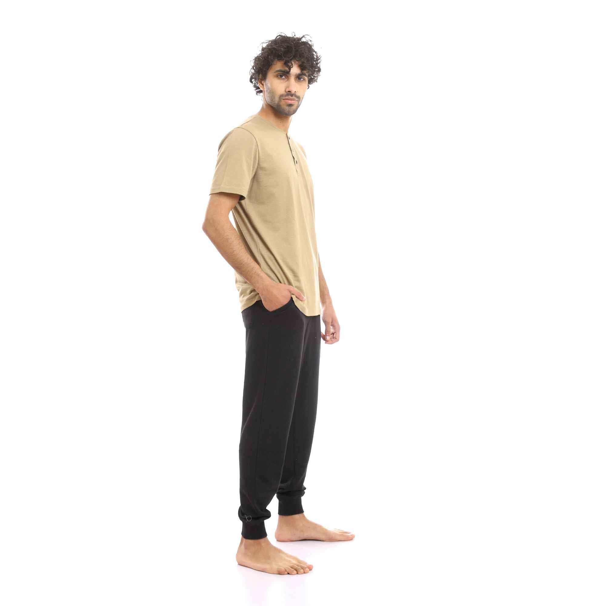 Buttoned Coffee Henley Shirt & Black Pants Pajama Set