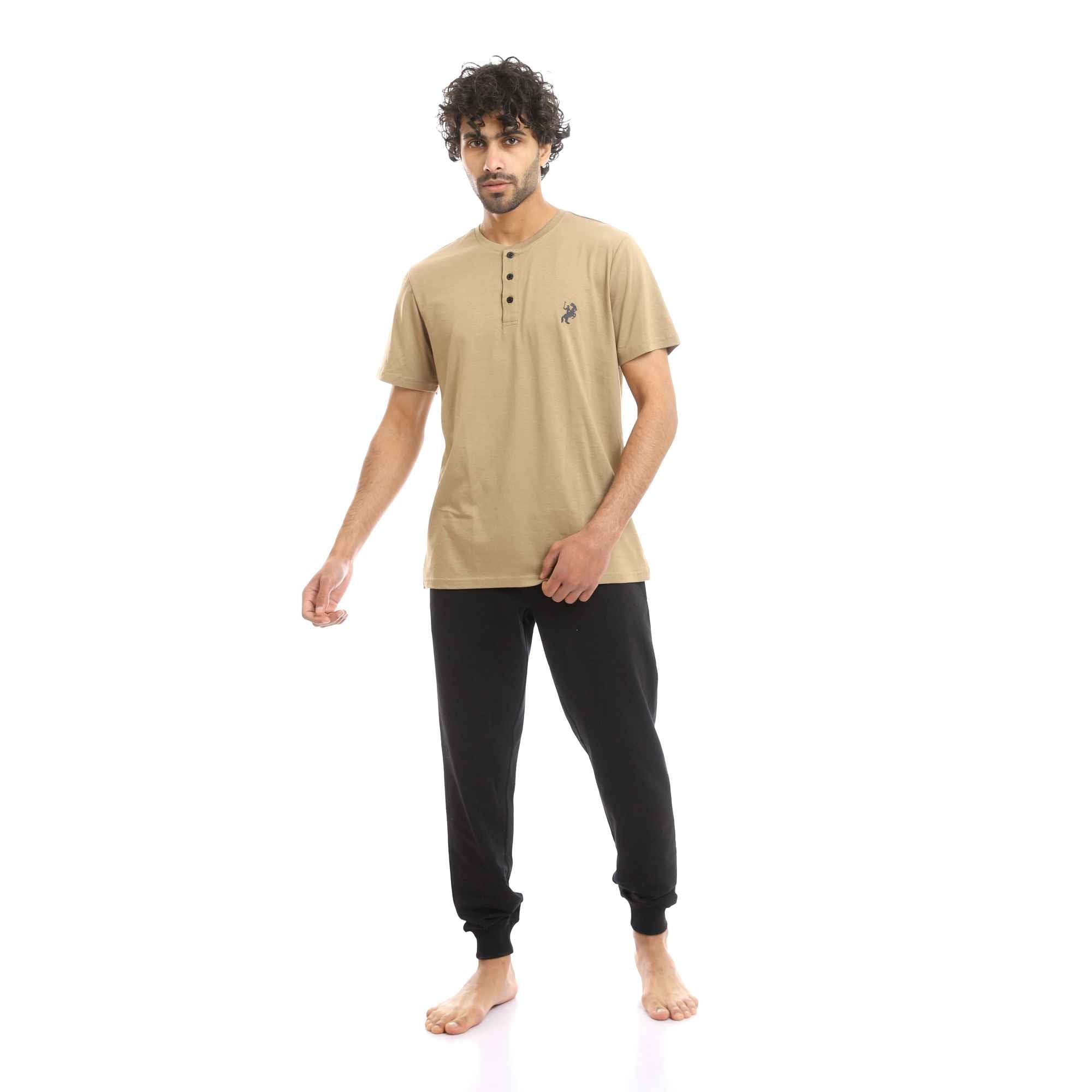 Buttoned Coffee Henley Shirt & Black Pants Pajama Set
