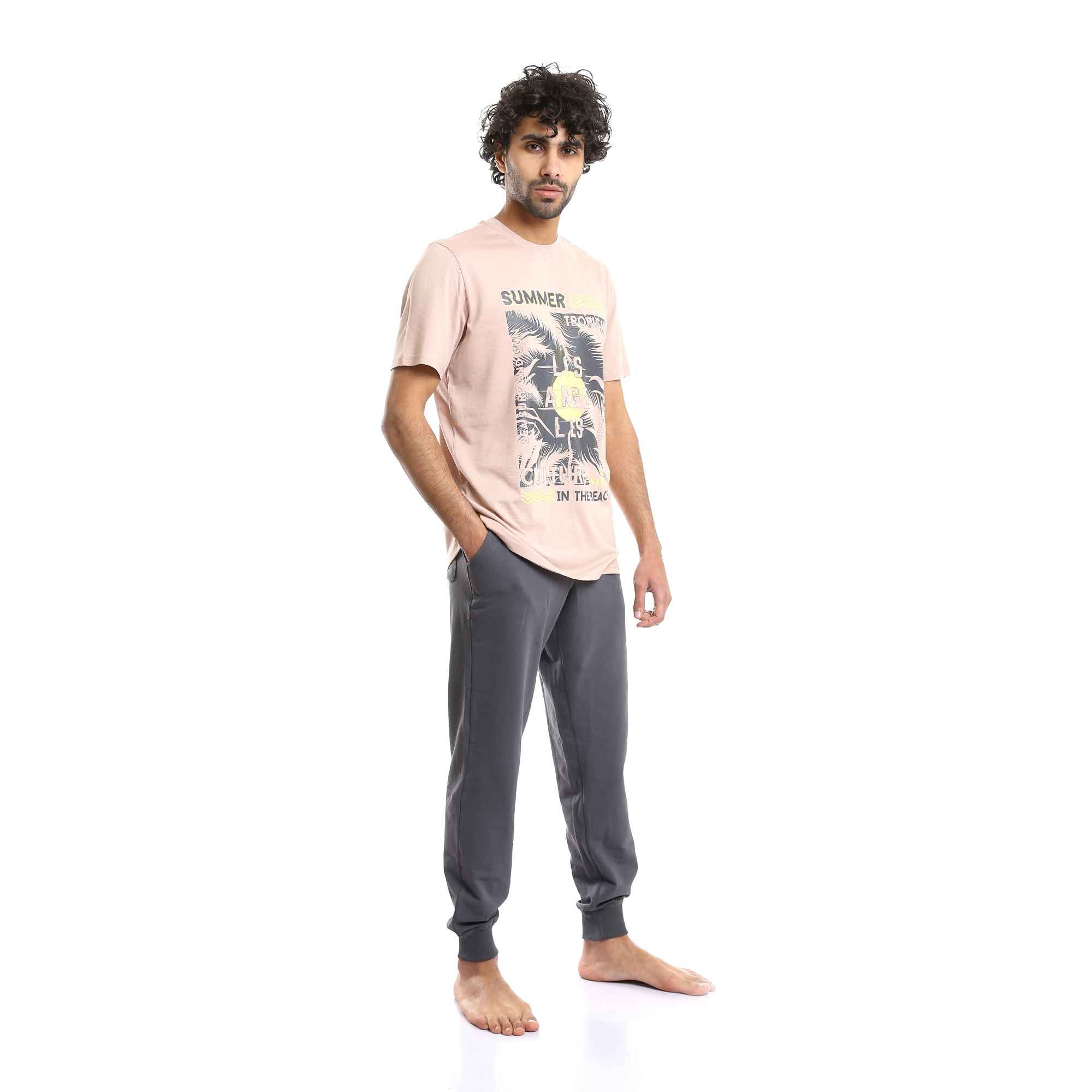 Printed Round Neck Tee & Solid Pants Pajama Set - Pastel Cashmere & Grey