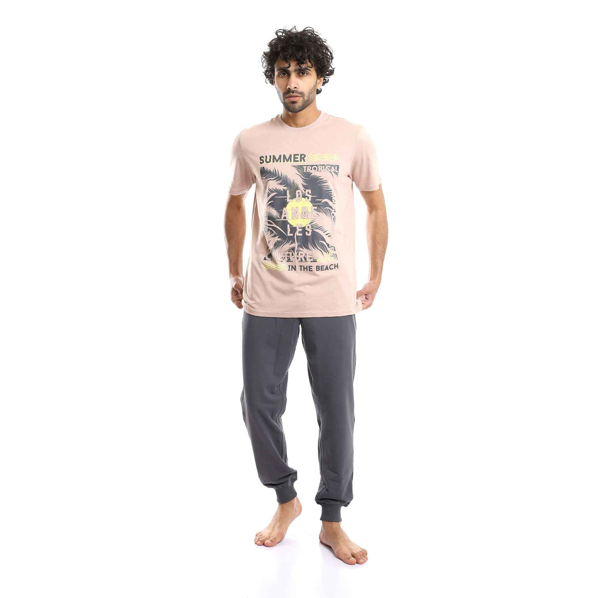 Printed Round Neck Tee & Solid Pants Pajama Set - Pastel Cashmere & Grey