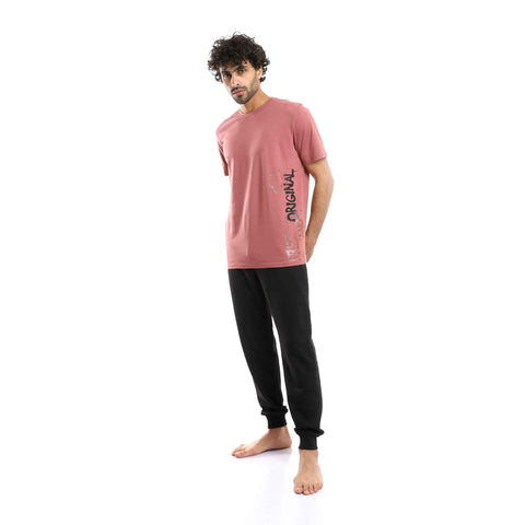 Printed Summer Tee & Solid Pants Pajama Set - Cashmere & Black
