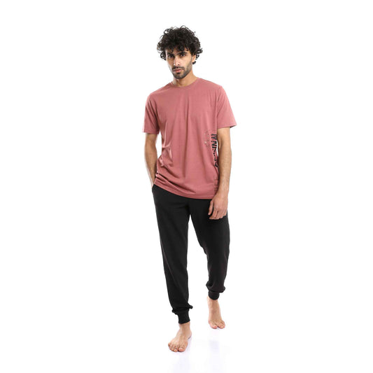 Printed Summer Tee & Solid Pants Pajama Set - Cashmere & Black