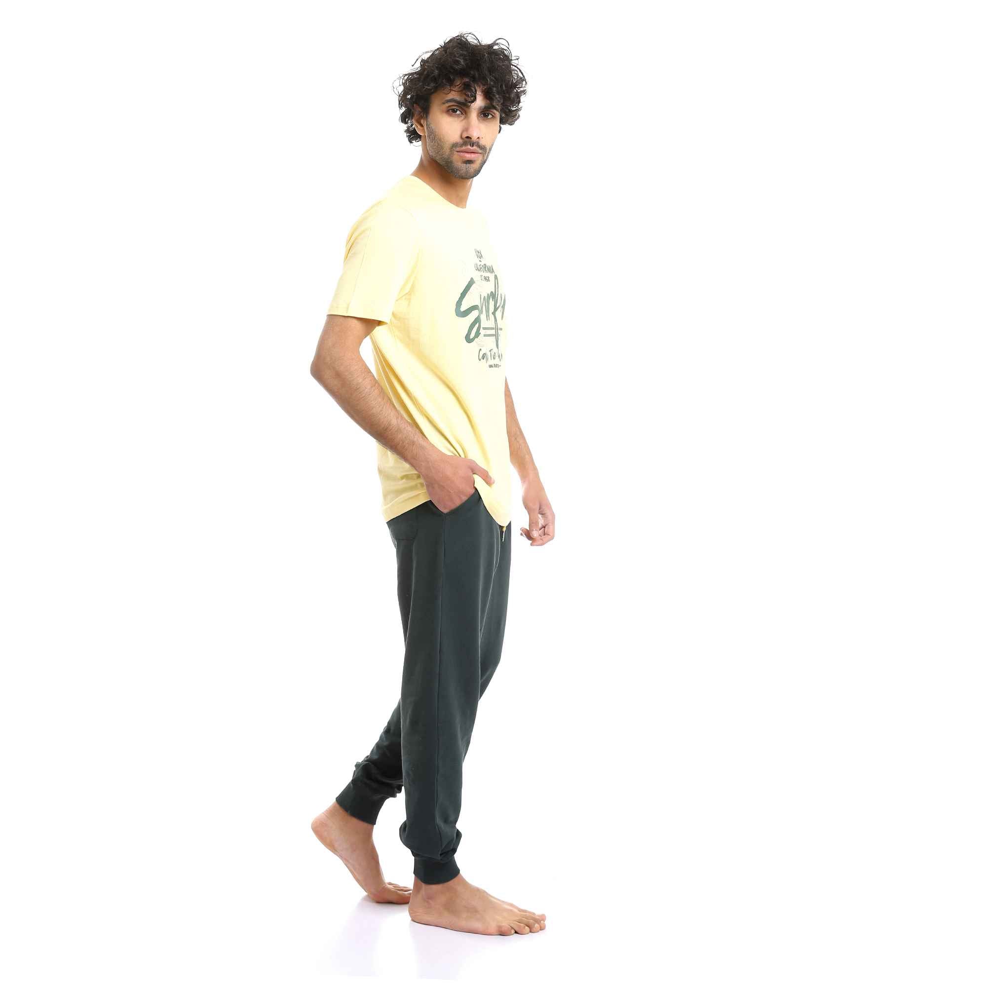 Comfy Short Sleeves Tee & Solid Pants Pajama Set - Yellow & Forest Green