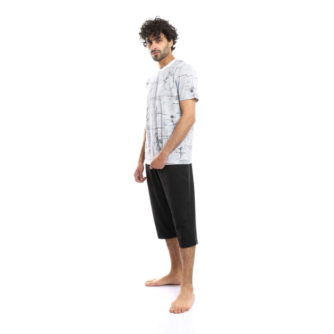 Patterned Regular Fit Tee & Cotton Pantacourt Set - Whire & Black