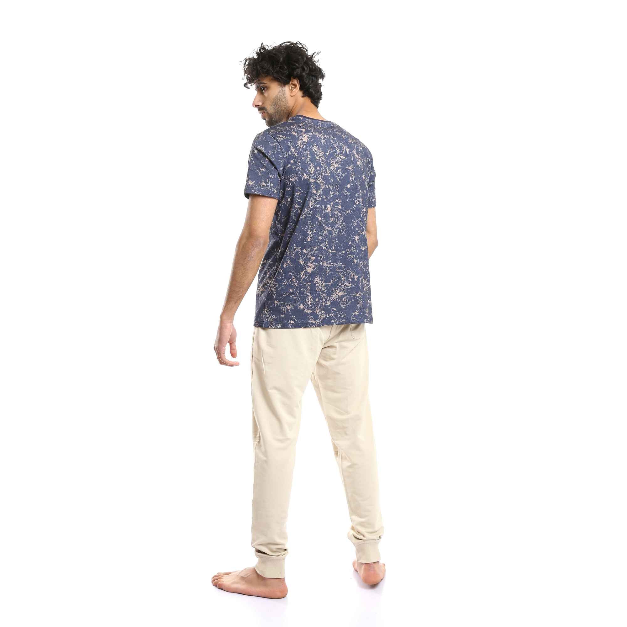 Patterned Round Neck Tee & Pants Pajama Set - Navy Blue & Beige