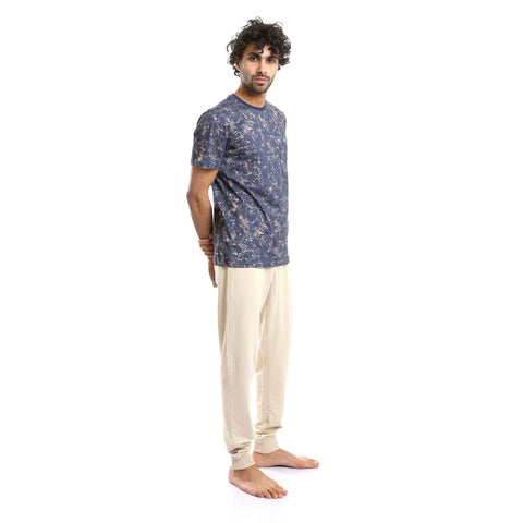 Patterned Round Neck Tee & Pants Pajama Set - Navy Blue & Beige