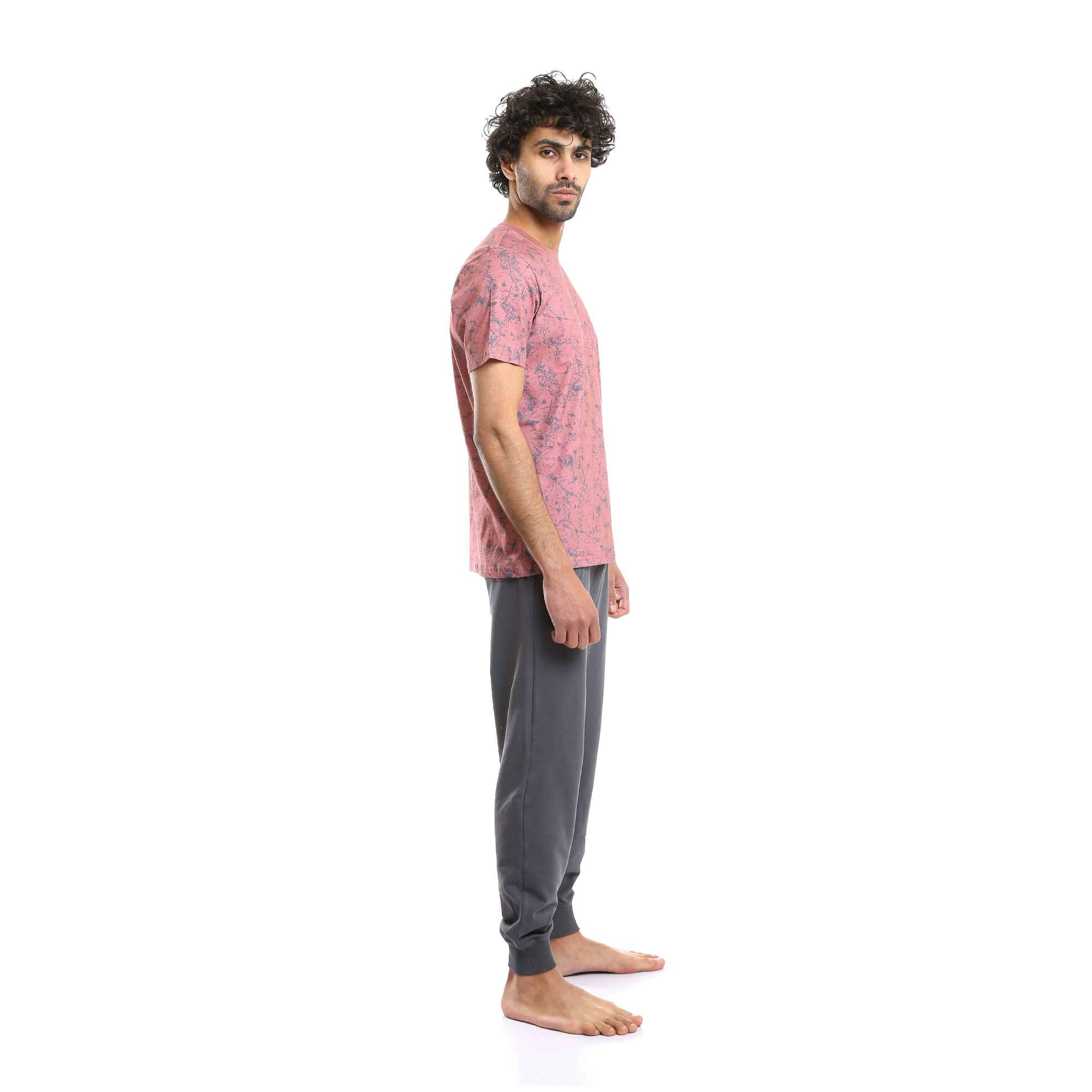 Patterned Round Neck Tee & Pants Pajama Set - Cashmere & Grey