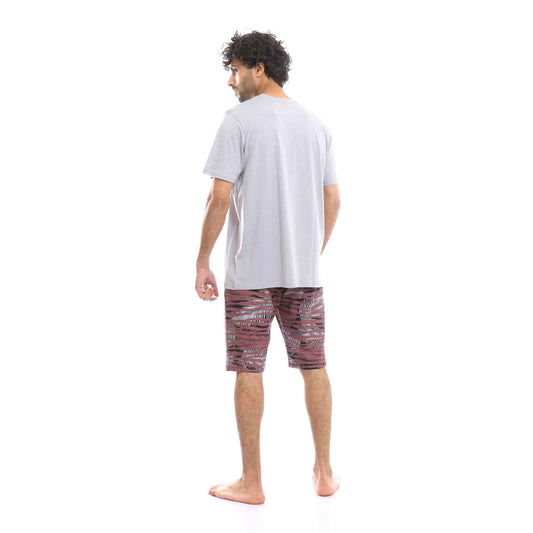 Printed Comfy T-Shirt & Palm Leaves Shorts Pajama Set - Multicolour