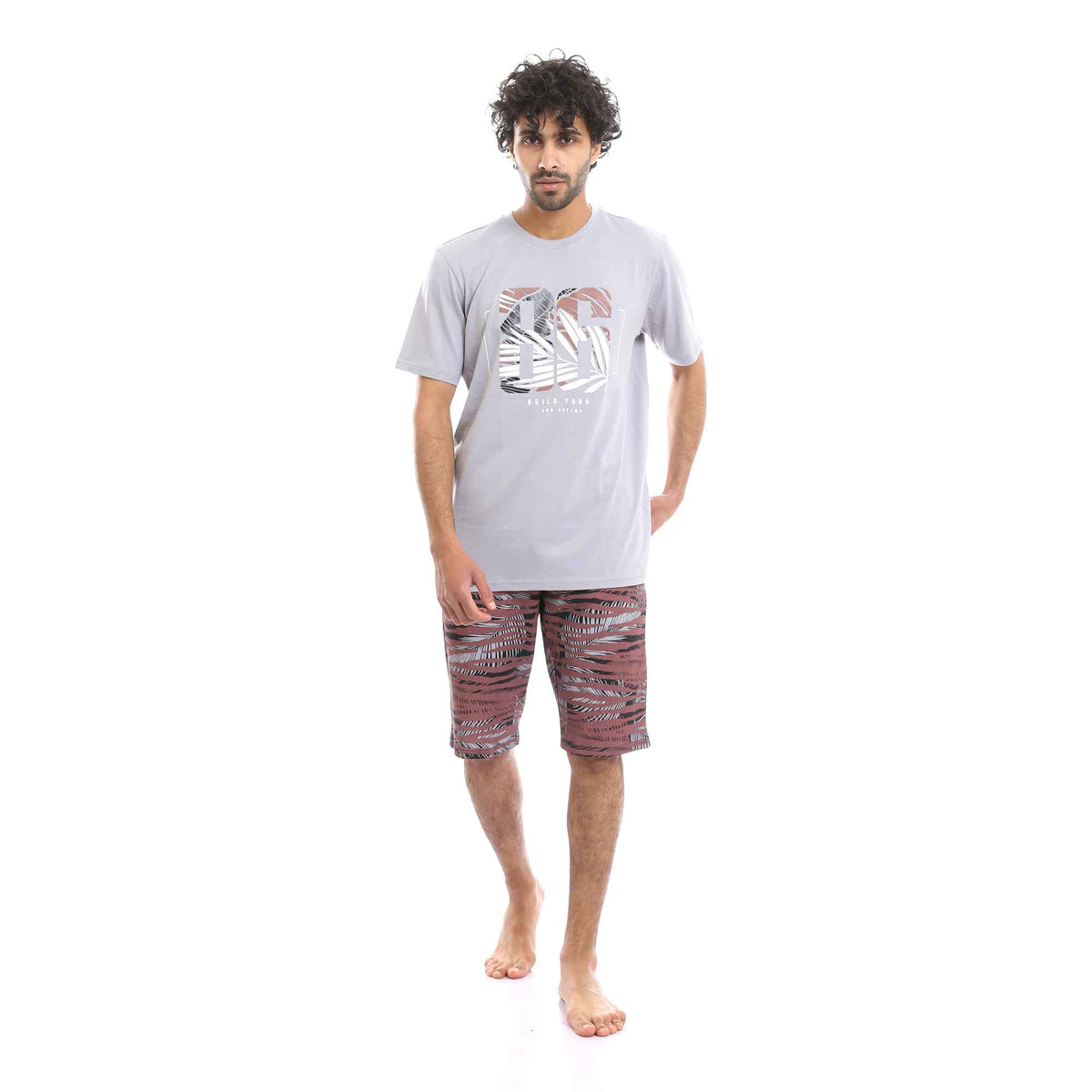 Printed Comfy T-Shirt & Palm Leaves Shorts Pajama Set - Multicolour