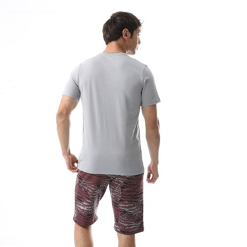 Printed Comfy T-Shirt & Palm Leaves Shorts Pajama Set - Grey & dark red