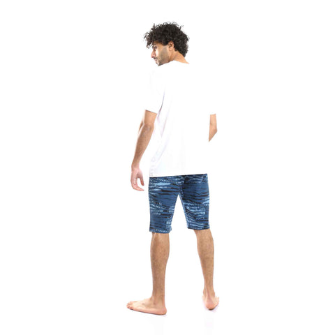 Printed Comfy T-Shirt & Palm Leaves Shorts Pajama Set - White & Teal Blue