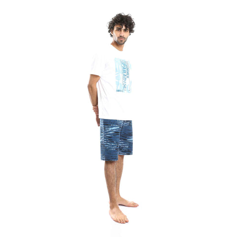 Printed Comfy T-Shirt & Palm Leaves Shorts Pajama Set - White & Teal Blue
