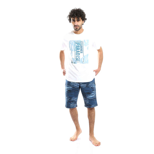 Printed Comfy T-Shirt & Palm Leaves Shorts Pajama Set - White & Teal Blue
