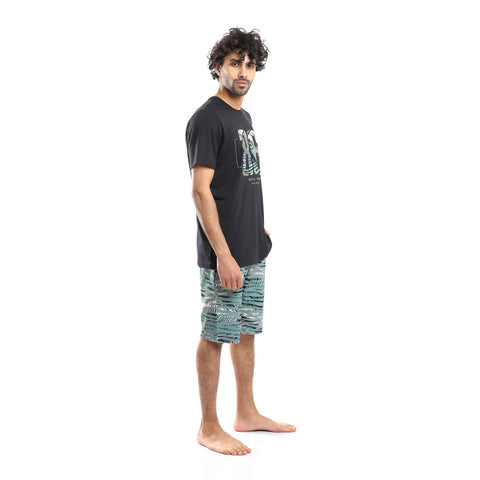 Printed Comfy T-Shirt & Palm Leaves Shorts Pajama Set - Black & Olive