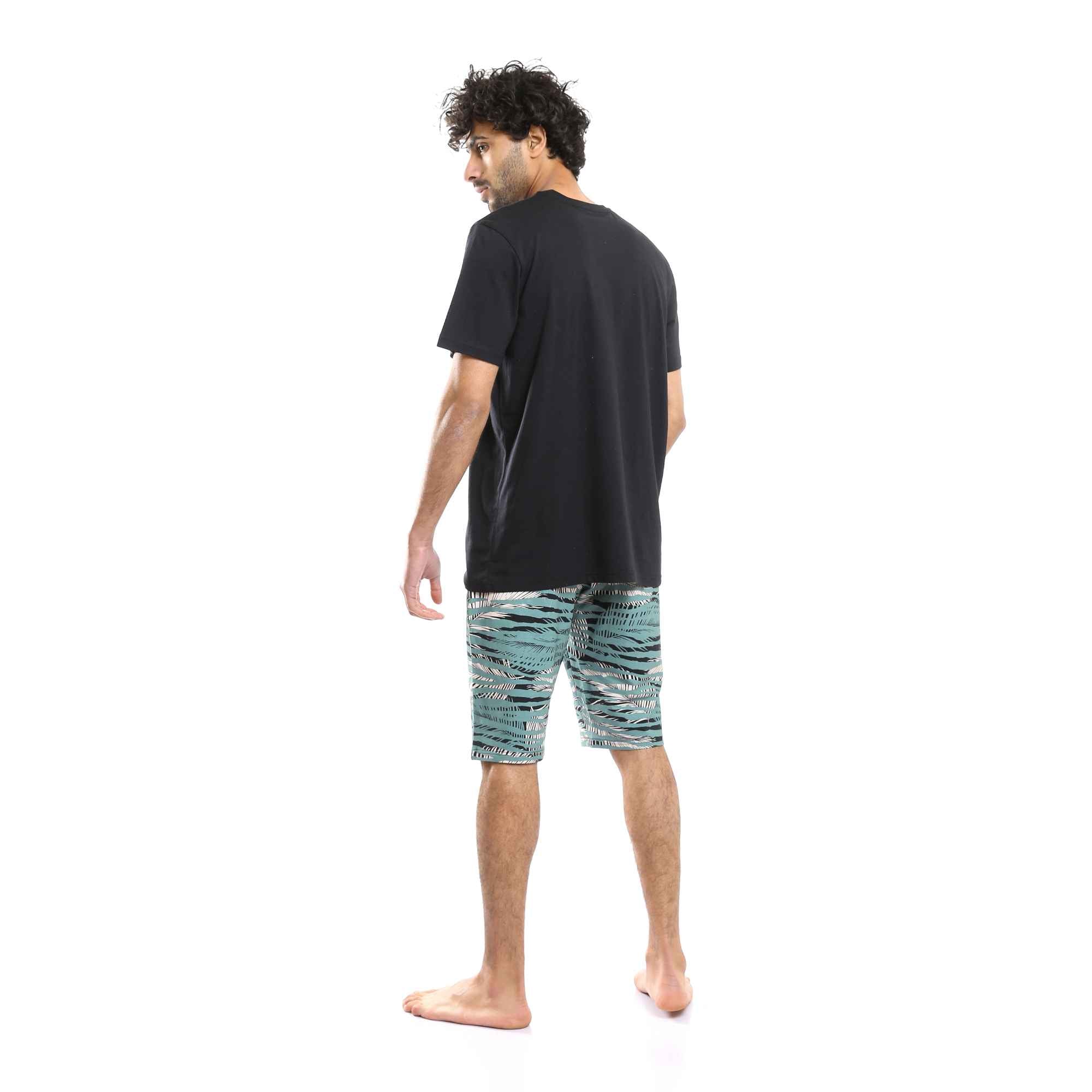 Printed Comfy T-Shirt & Palm Leaves Shorts Pajama Set - Black & Olive