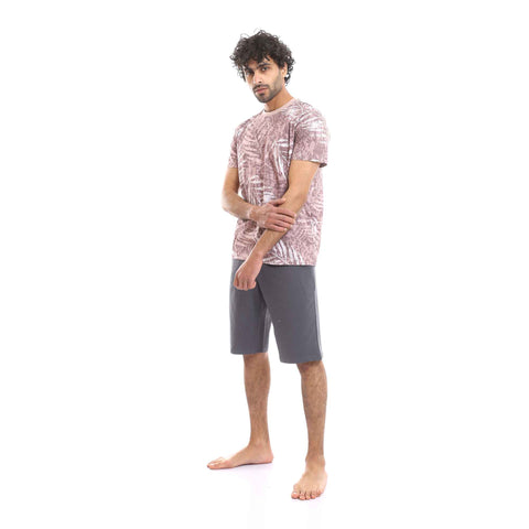 Kashmir Palm Leaves Tee & Solid Grey Shorts Pajama Set