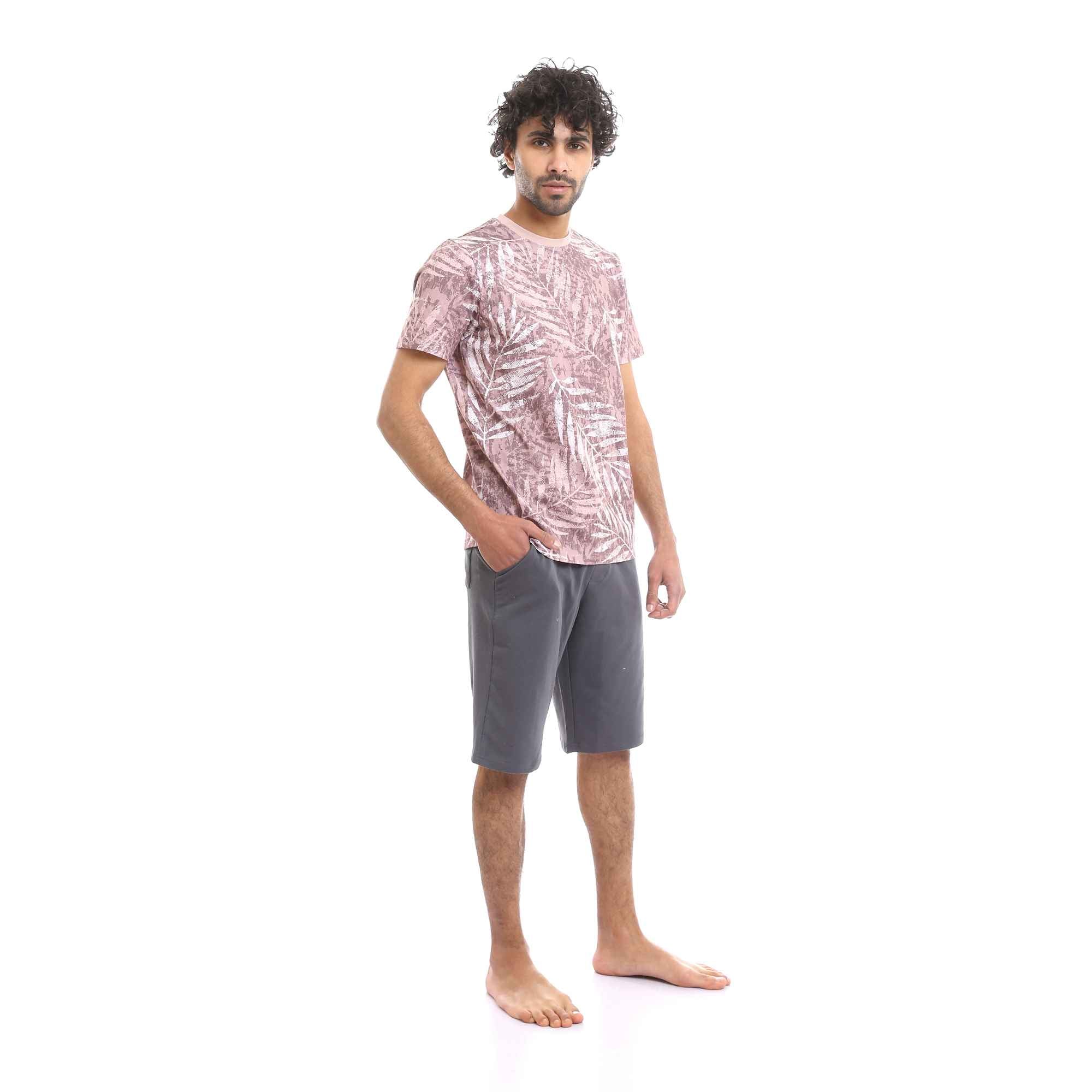 Kashmir Palm Leaves Tee & Solid Grey Shorts Pajama Set