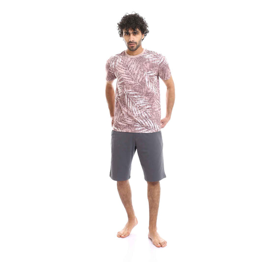 Kashmir Palm Leaves Tee & Solid Grey Shorts Pajama Set