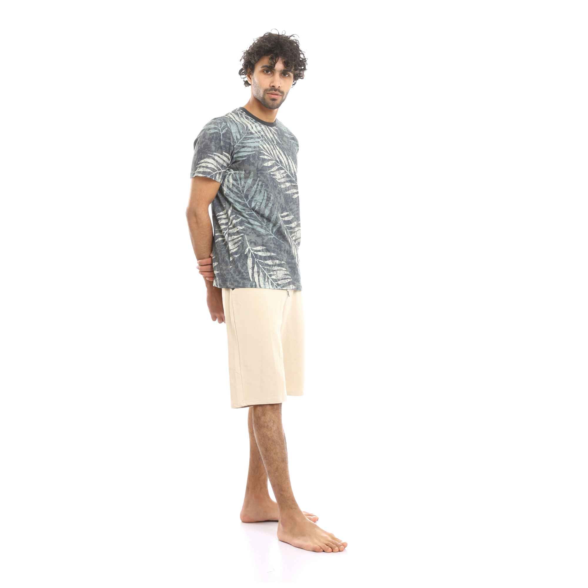 Multicolour Palm Leaves Tee & Solid Beige Shorts Pajama Set