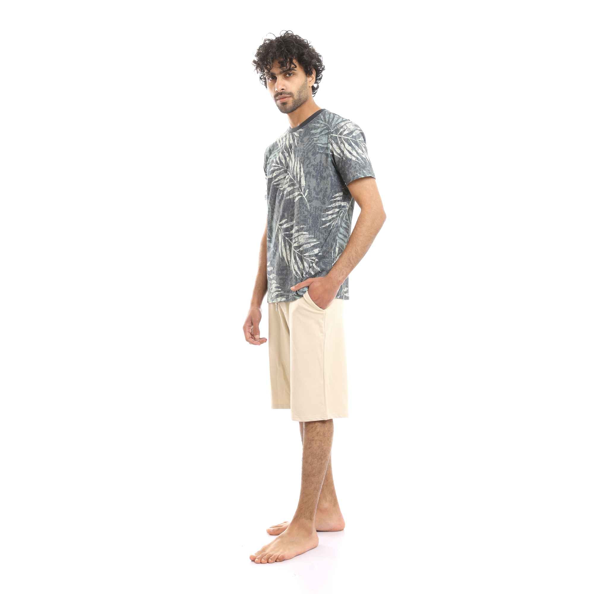 Multicolour Palm Leaves Tee & Solid Beige Shorts Pajama Set
