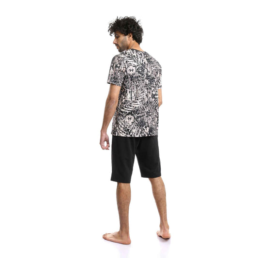 Multicolour Palm Leaves Tee & Solid Black Shorts Pajama Set