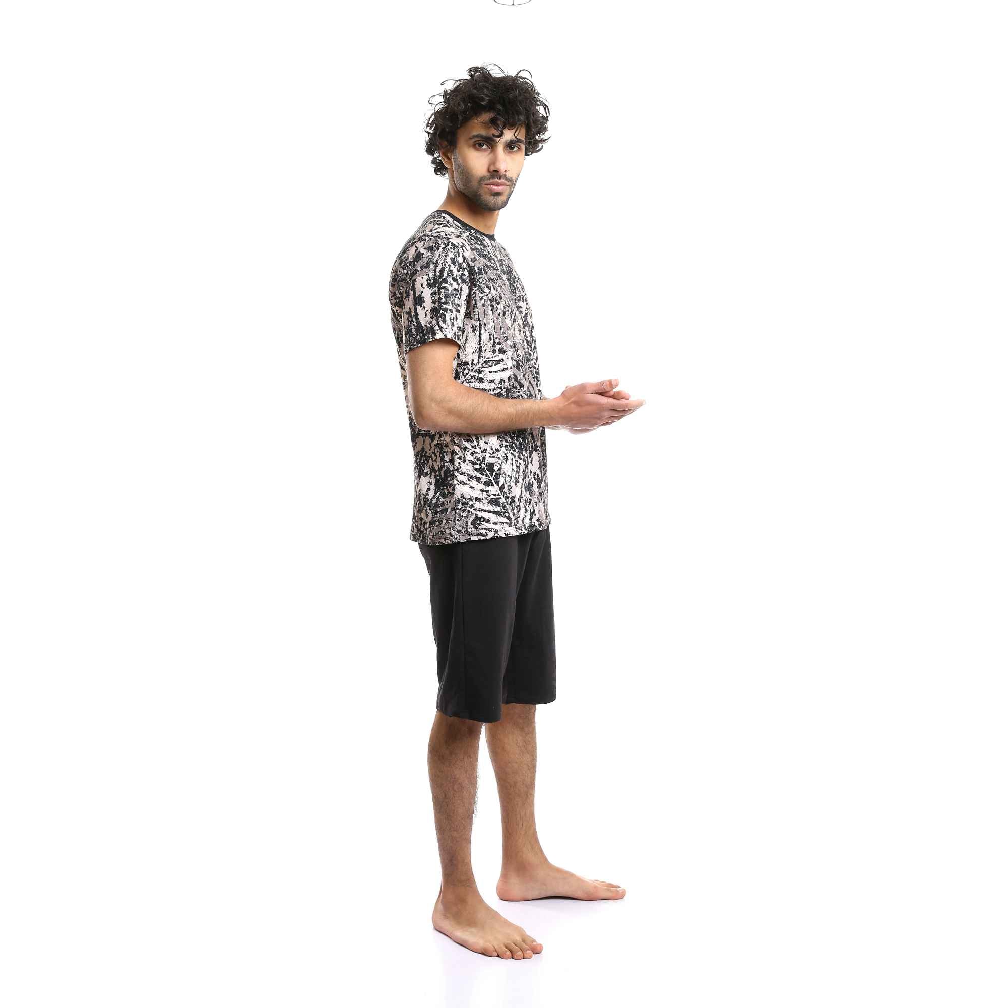 Multicolour Palm Leaves Tee & Solid Black Shorts Pajama Set