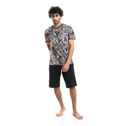 Multicolour Palm Leaves Tee & Solid Black Shorts Pajama Set