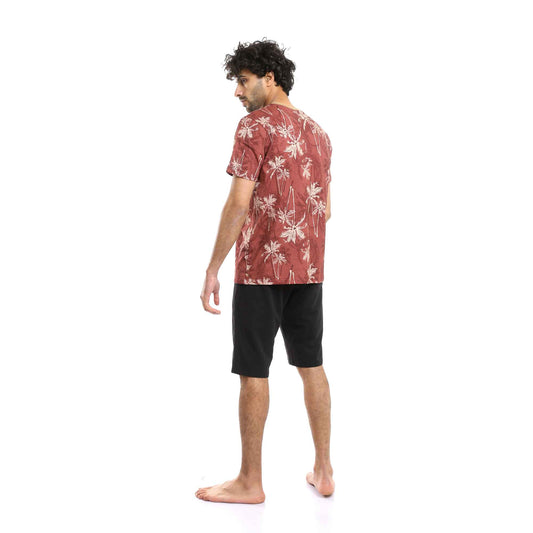 Printed Palm Trees Burgundy Tee & Black Shorts Pajama Set