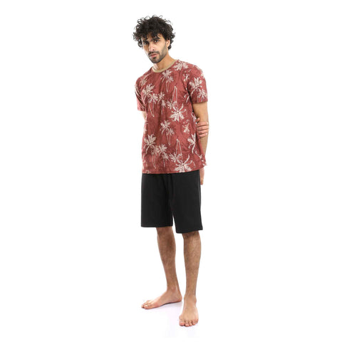Printed Palm Trees Burgundy Tee & Black Shorts Pajama Set