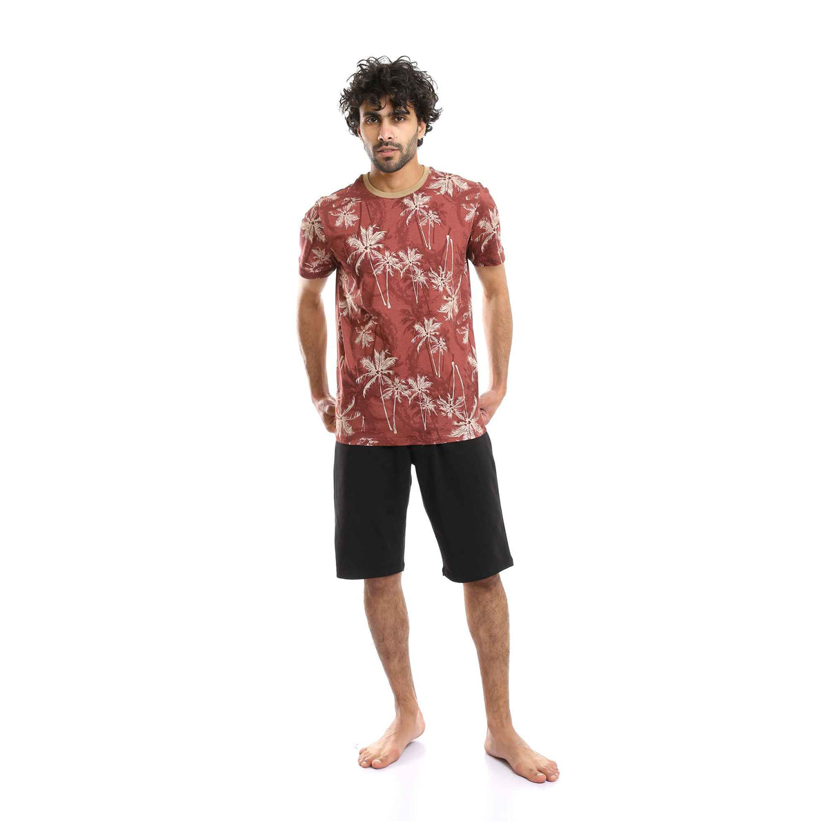 Printed Palm Trees Burgundy Tee & Black Shorts Pajama Set