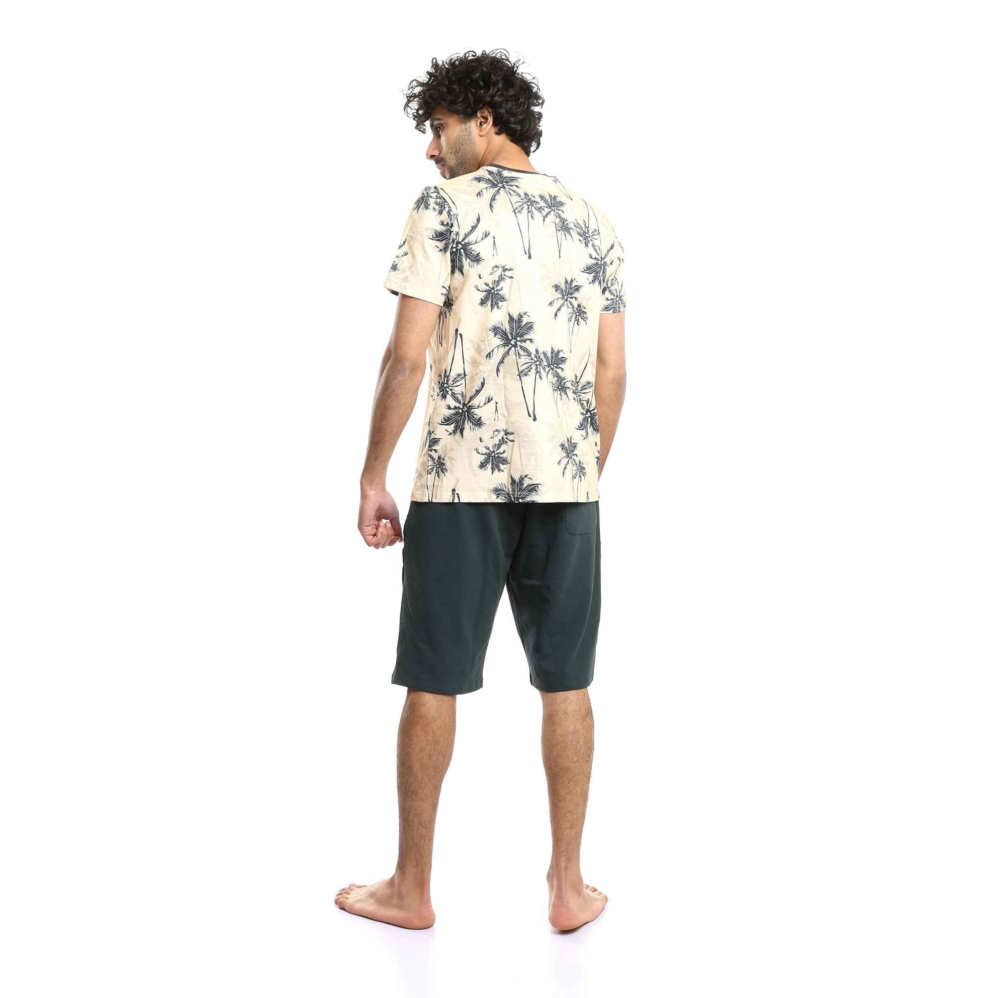 Printed Palm Trees Beige Tee & Forest Green Shorts Pajama Set