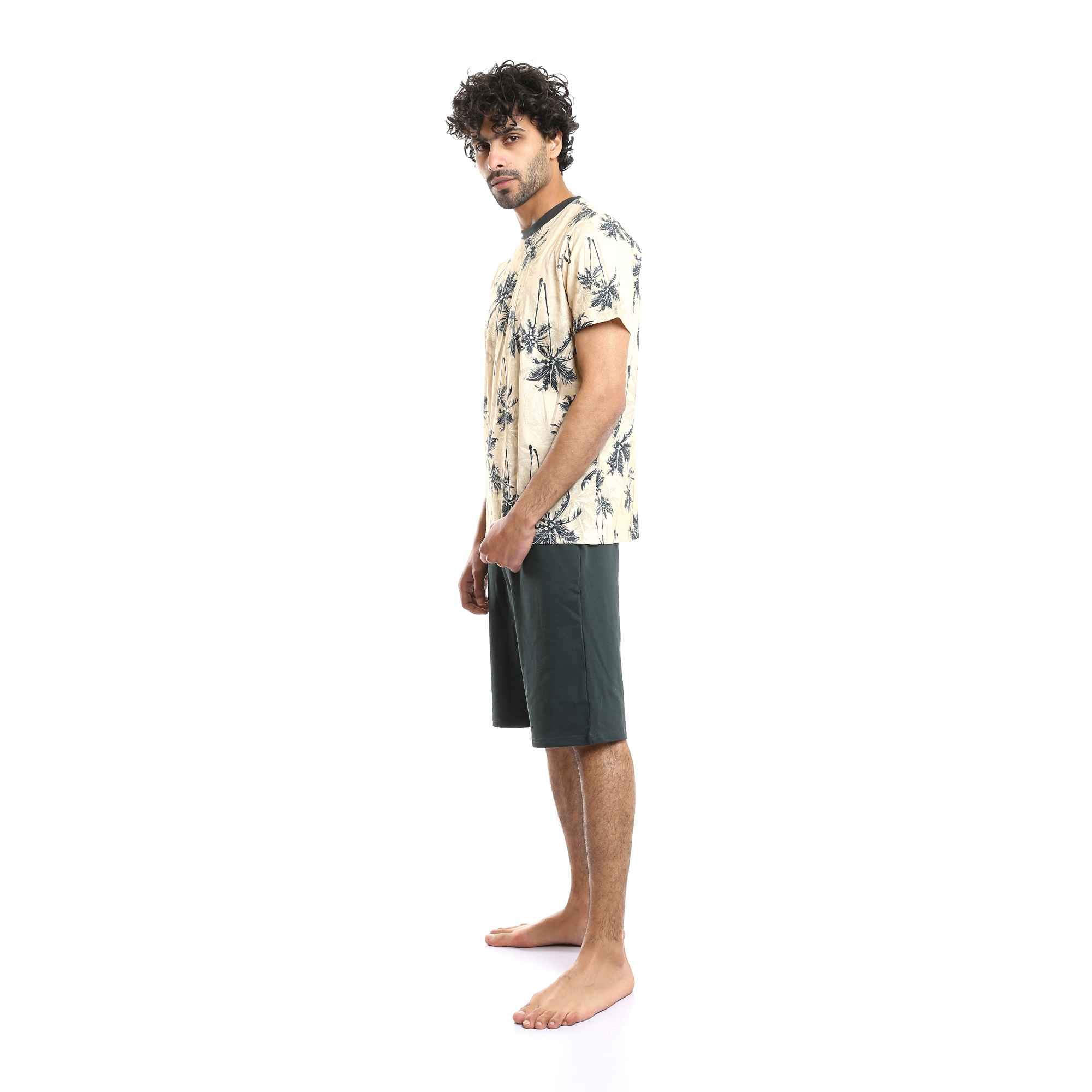 Printed Palm Trees Beige Tee & Forest Green Shorts Pajama Set