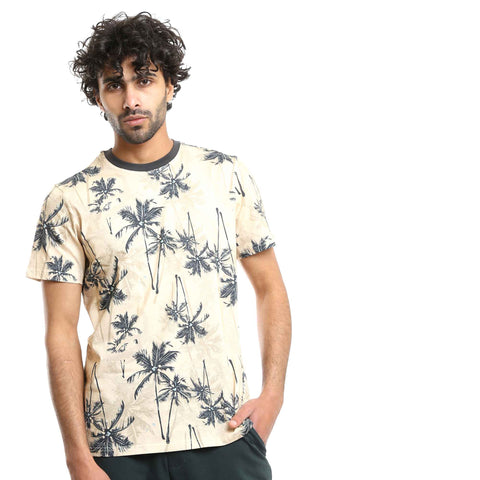 Printed Palm Trees Beige Tee & Forest Green Shorts Pajama Set