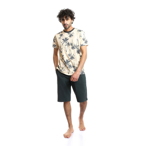 Printed Palm Trees Beige Tee & Forest Green Shorts Pajama Set