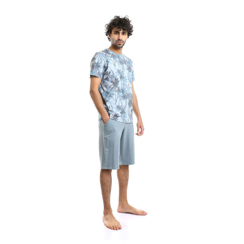 Printed Palm Trees Tee & Shorts Pajama Set - Baby Blue