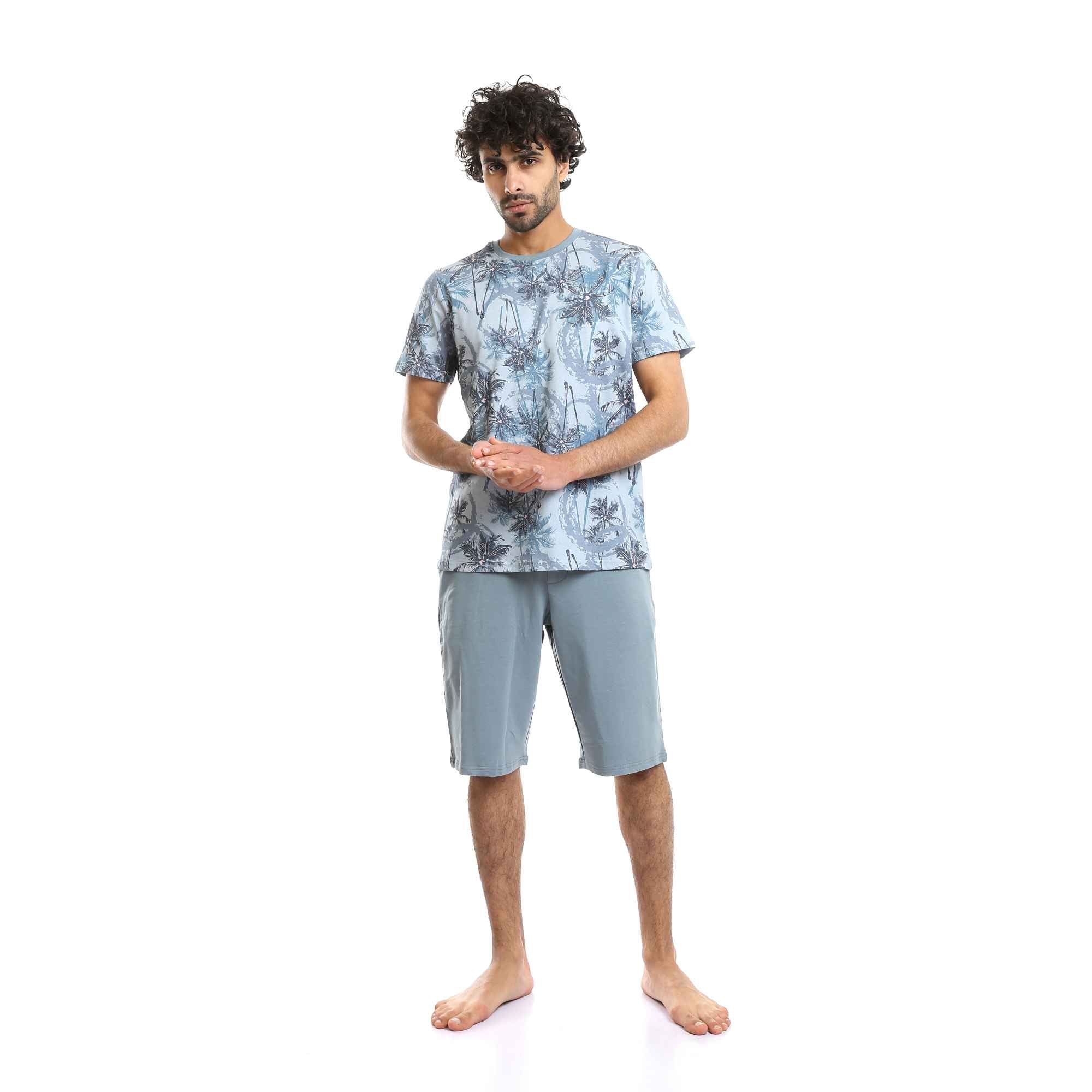 Printed Palm Trees Tee & Shorts Pajama Set - Baby Blue