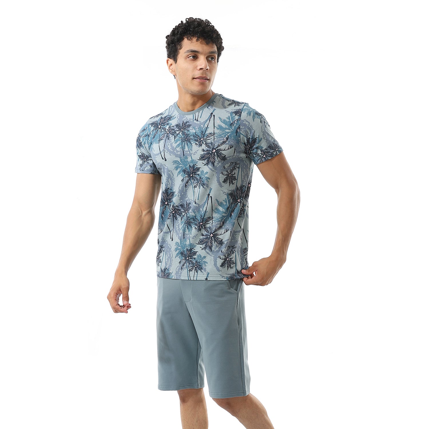 Men's Printed Palm Trees Tee & Shorts Pajama Set - Baby Blue