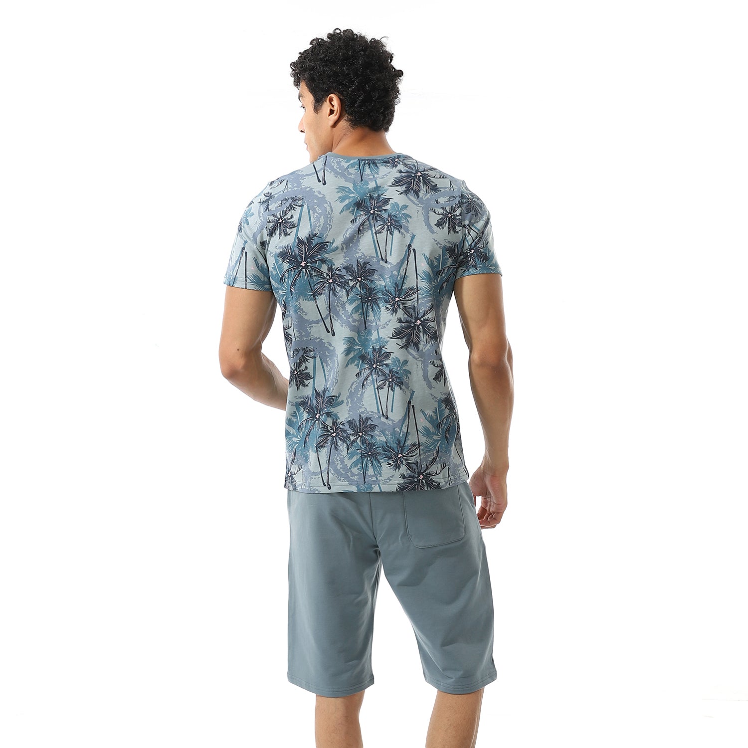 Men's Printed Palm Trees Tee & Shorts Pajama Set - Baby Blue