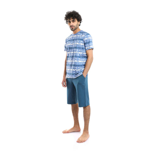 Printed Floral Tee & Solid Shorts Pajama Set - Light Blue & Petroleum