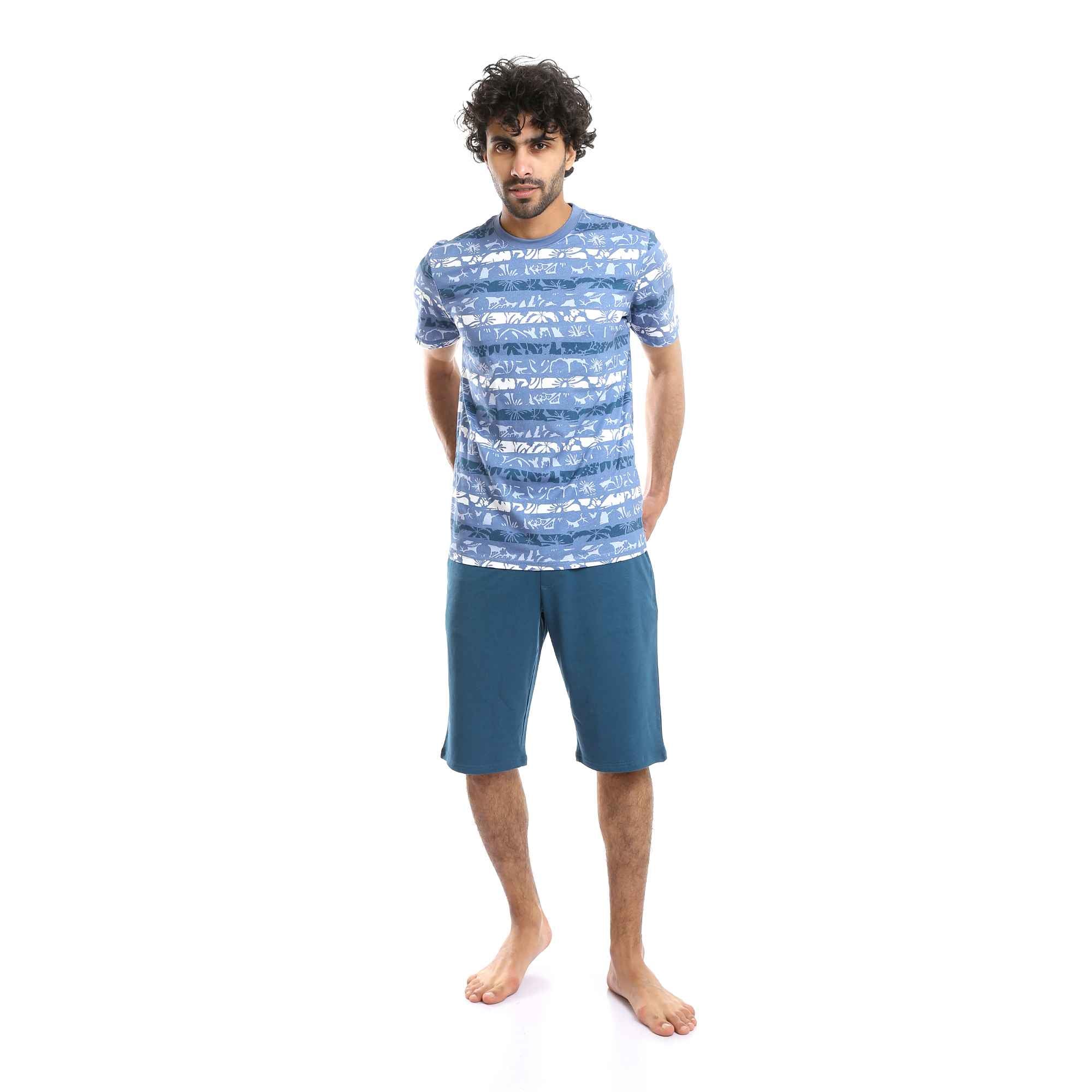 Printed Floral Tee & Solid Shorts Pajama Set - Light Blue & Petroleum