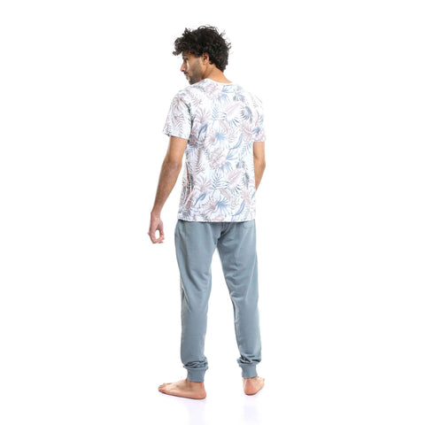 Round Tropical Leaves Tee & Solid Pants Pajama Set - Multicolour