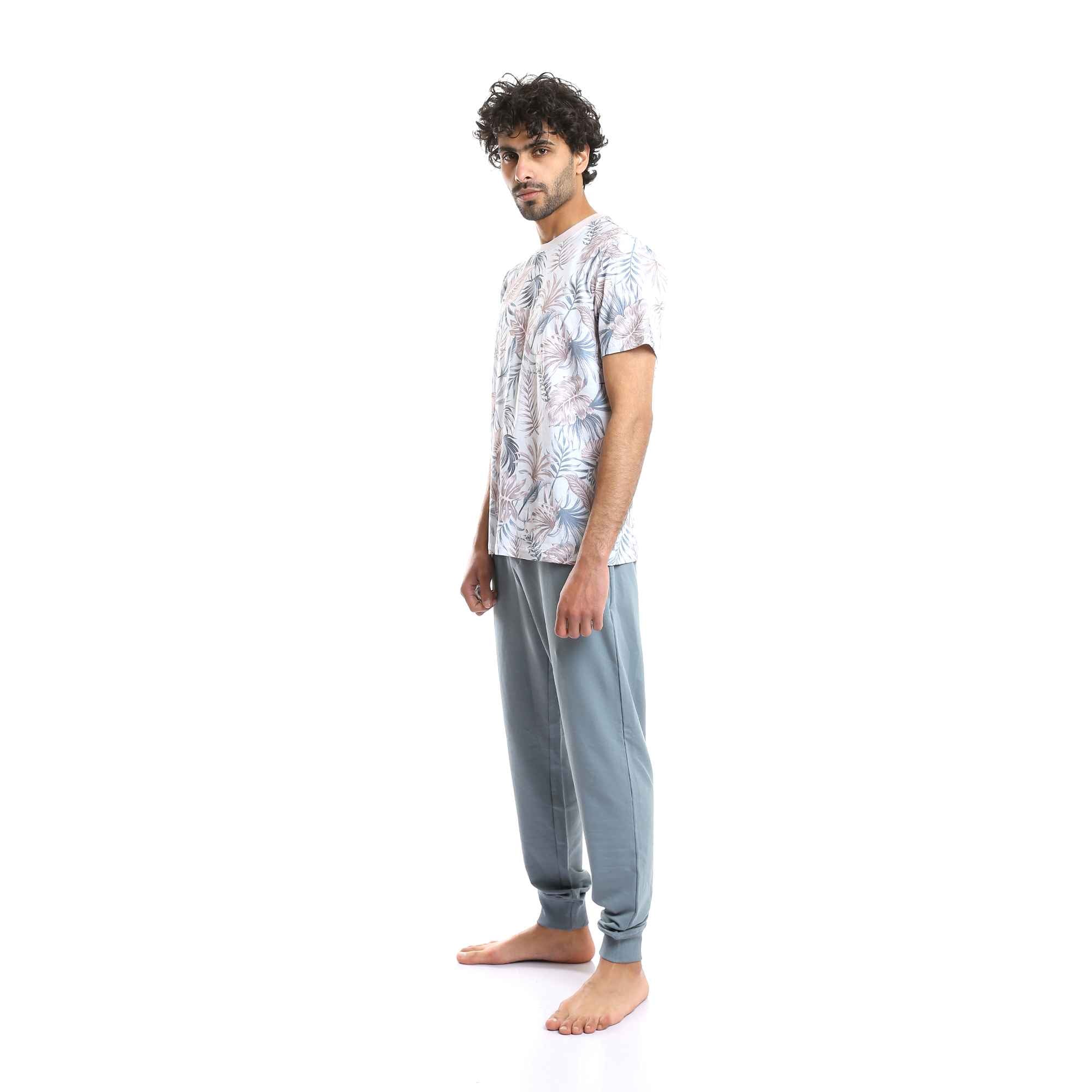 Men's Round Tropical Leaves Tee & Solid Pants Pajama Set - Aqua